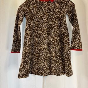 Girls Leopard Print Long Sleeve Dress with Red Trim